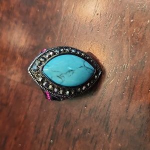 Turquoise, Magenta and Dark Silvertone Statement Ring, Size 7